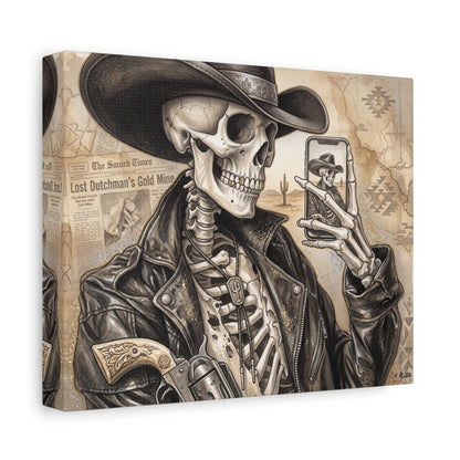 Skeleton Cowboy Canvas Print — Western Skull Selfie Wall Art (Matte Stretched)