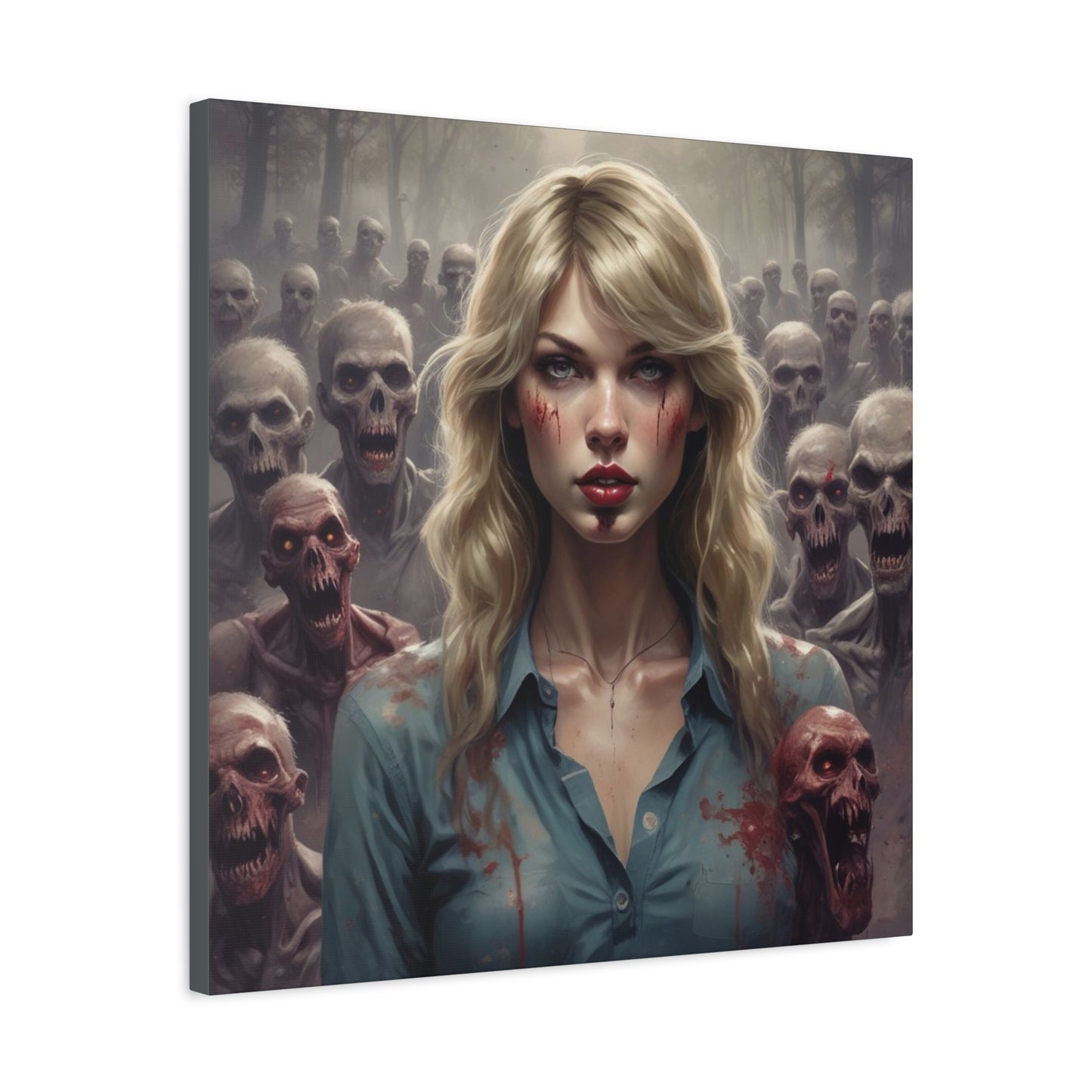 Zombie Swift Matte Canvas Print — Horror Wall Art, Blonde Survivor Surrounded by Undead