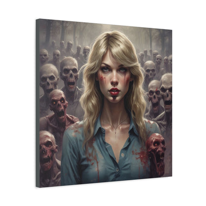 Zombie Swift Matte Canvas Print — Horror Wall Art, Blonde Survivor Surrounded by Undead