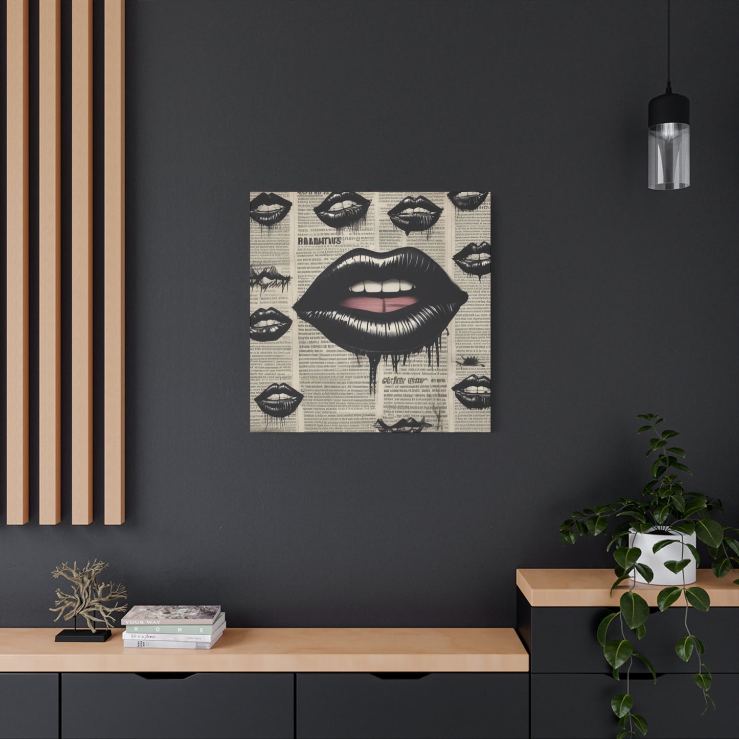 Black Drip Lips Canvas Wall Art — Vintage Newspaper Pop Art