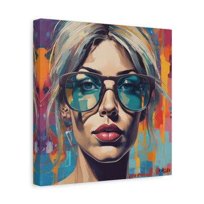 Pop Art Portrait Canvas — Blonde Woman with Blue Sunglasses Matte Stretched Art