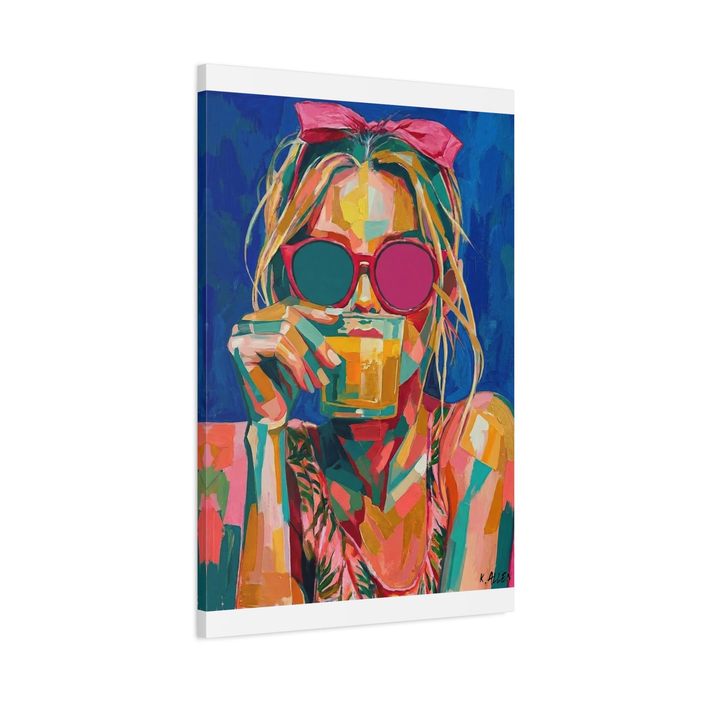 Colorful Pop Art Woman Drinking Canvas Wall Art - Blue