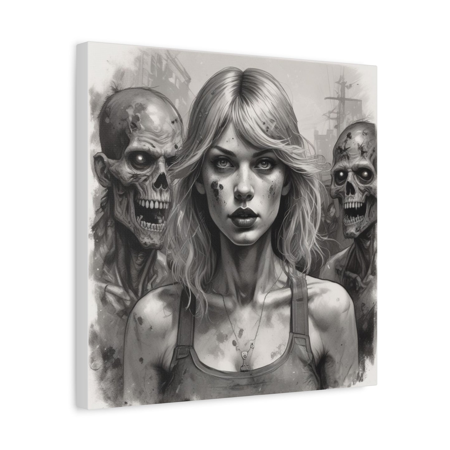 Zombie Apocalypse Canvas Print — Female Survivor Portrait Matte Stretched Art