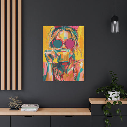 Colorful Pop Art Woman Drinking Canvas Wall Art