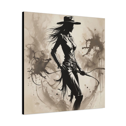 Cowgirl Silhouette Canvas Art – Western Whip Poster on Matte Stretched Canvas