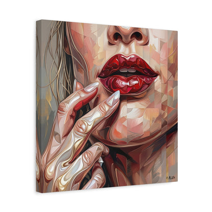 Glam Portrait Canvas Print — Red Lips & Painted Hands Matte Stretched Wall Art