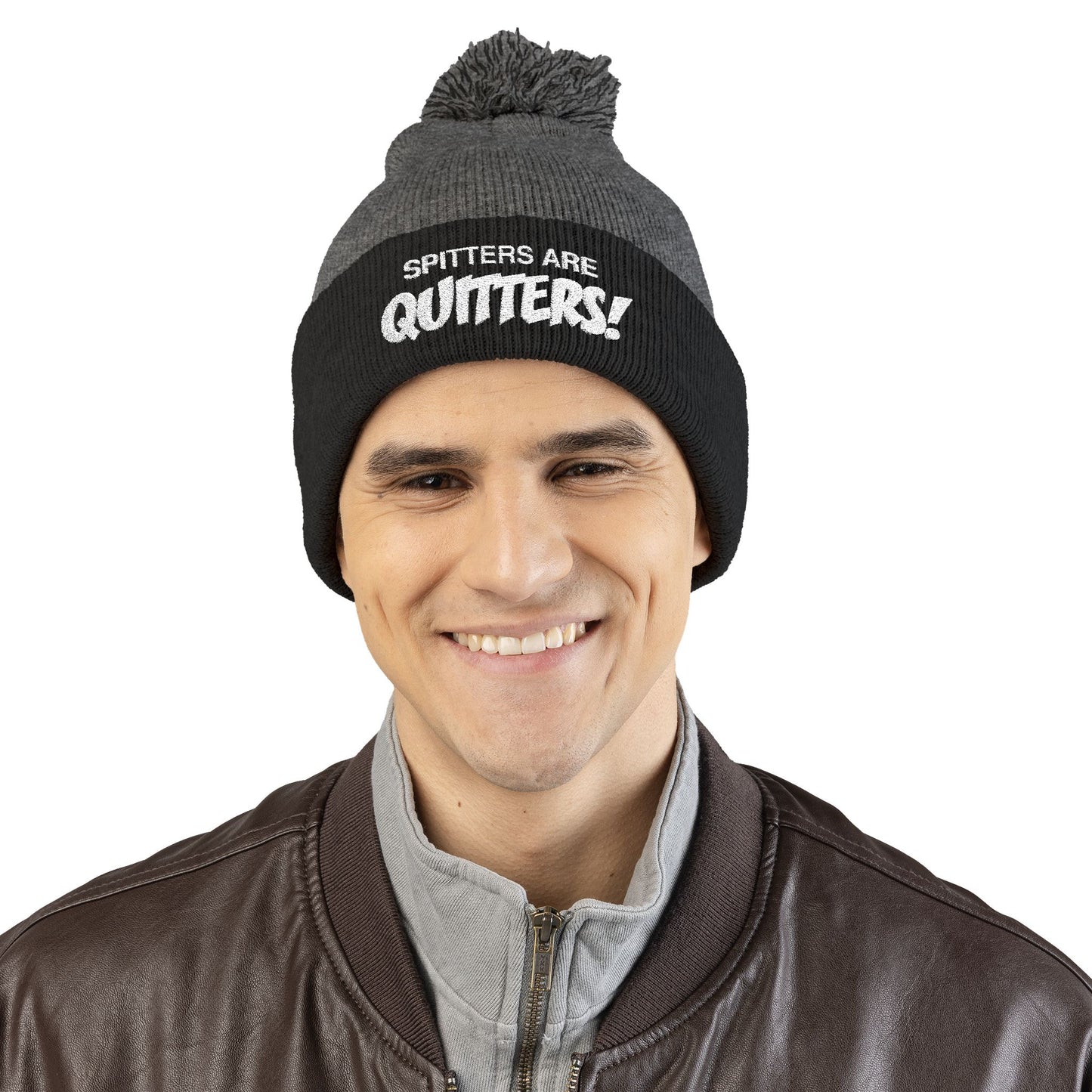 Embroidered Pom-Pom Beanie — "Spitters Are Quitters!" Cozy Winter Hat