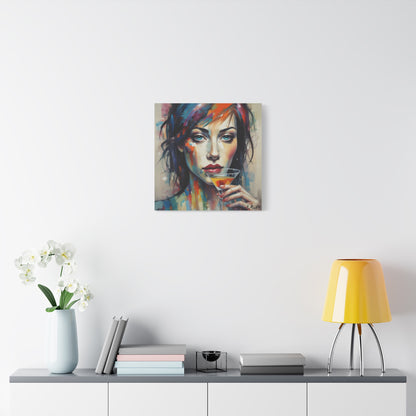 Colorful Femme Portrait Canvas — Martini Woman Stretched Wall Art