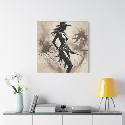 Cowgirl Silhouette Canvas Art – Western Whip Poster on Matte Stretched Canvas