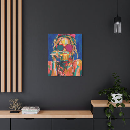 Colorful Pop Art Woman Drinking Canvas Wall Art - Blue