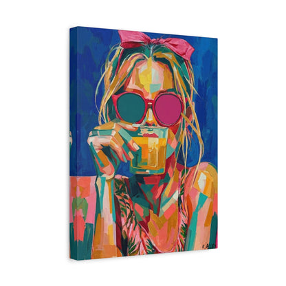 Colorful Pop Art Woman Drinking Canvas Wall Art - Blue