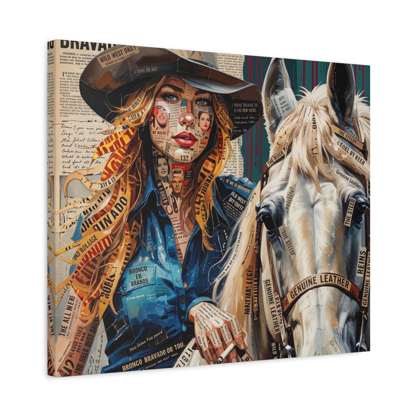 Cowgirl & Horse Collage Matte Canvas Print — Western Collage Art Wall Decor