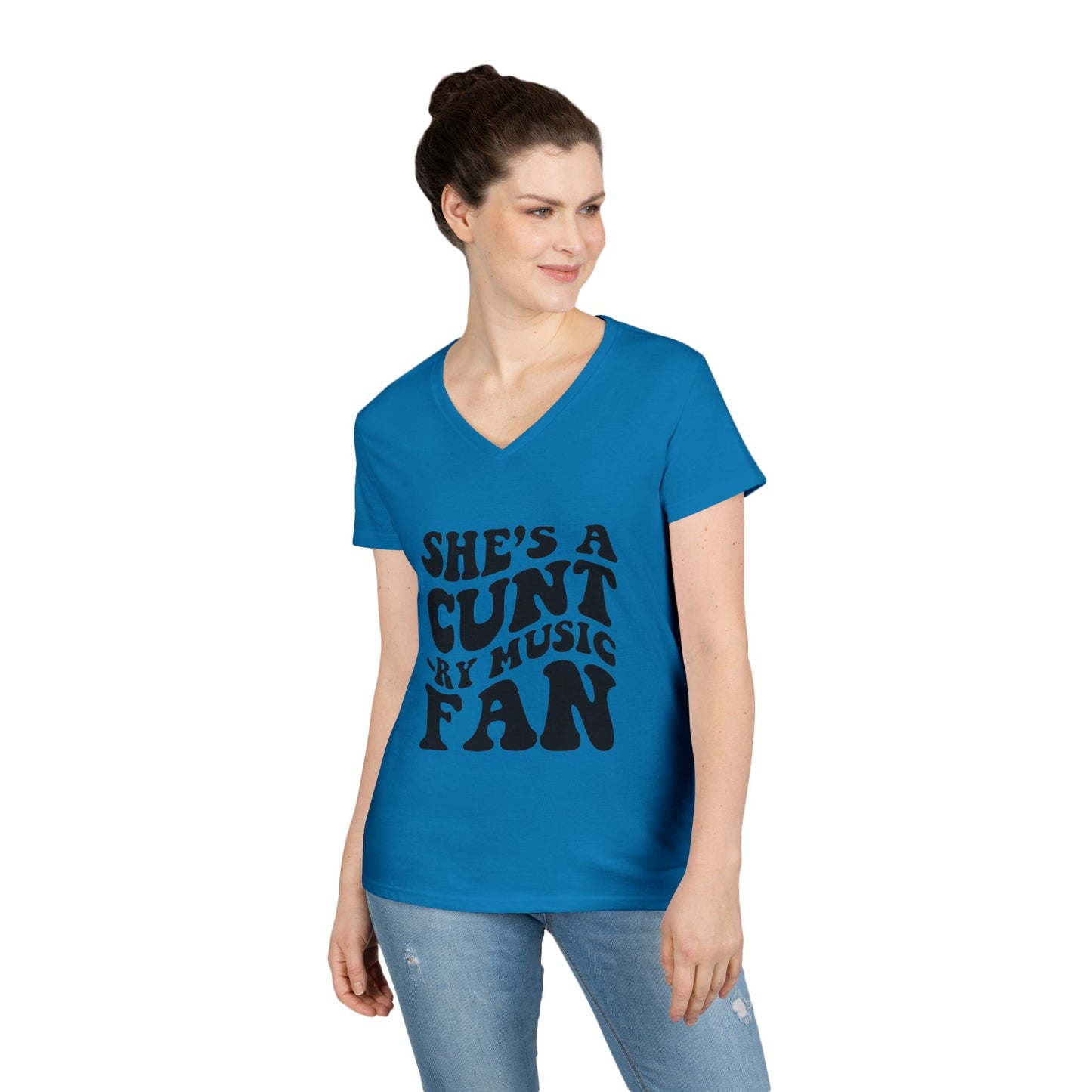 V-Neck T-Shirt — "She's a Cuntry Music Fan" Retro Typography Tee