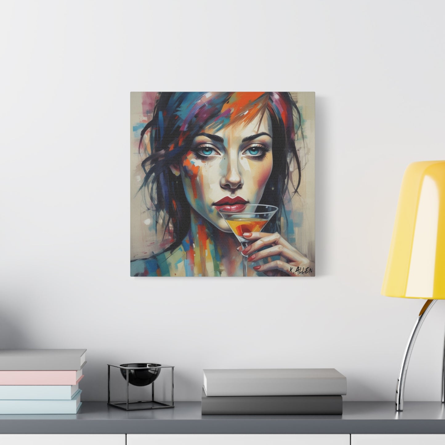 Colorful Femme Portrait Canvas — Martini Woman Stretched Wall Art