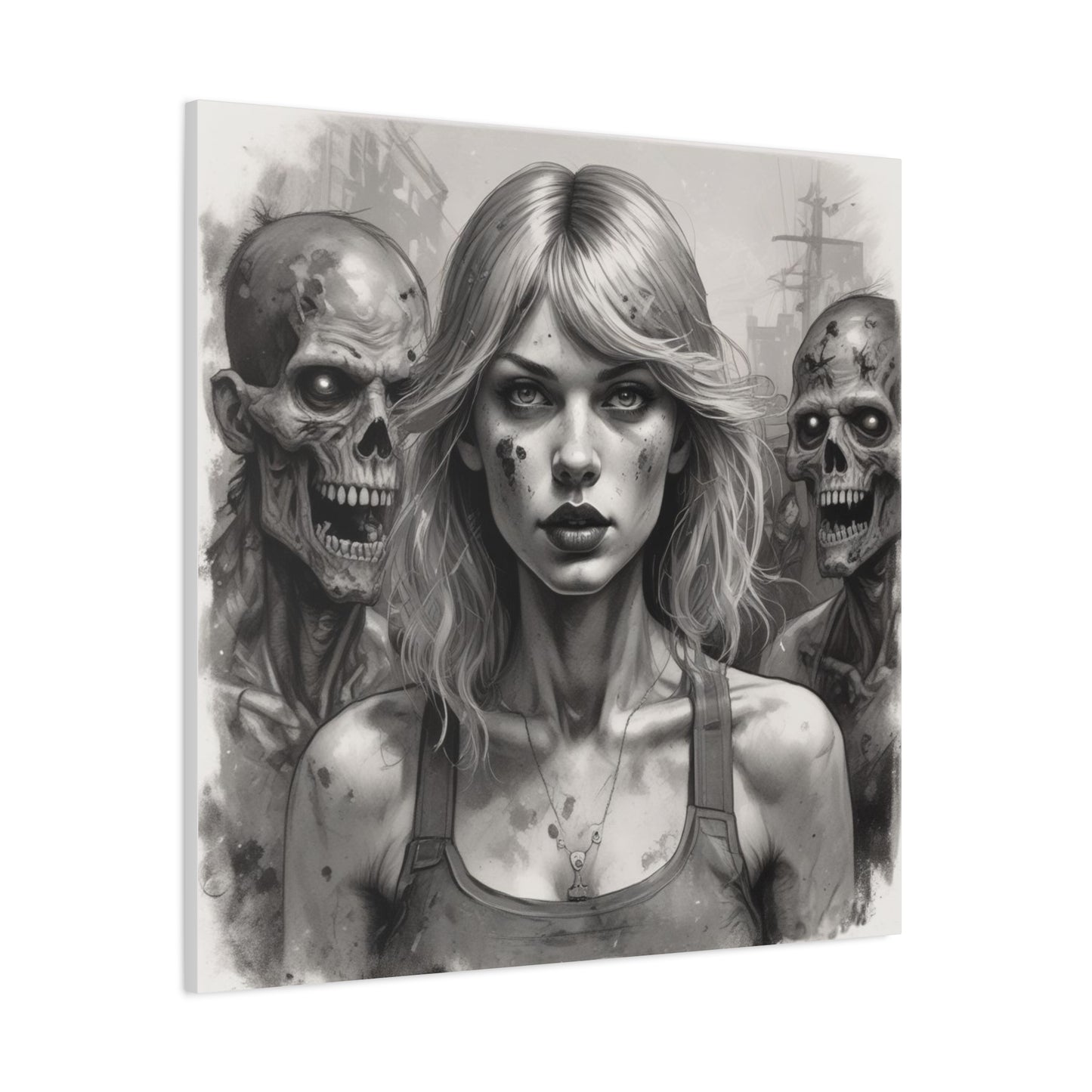 Zombie Apocalypse Canvas Print — Female Survivor Portrait Matte Stretched Art