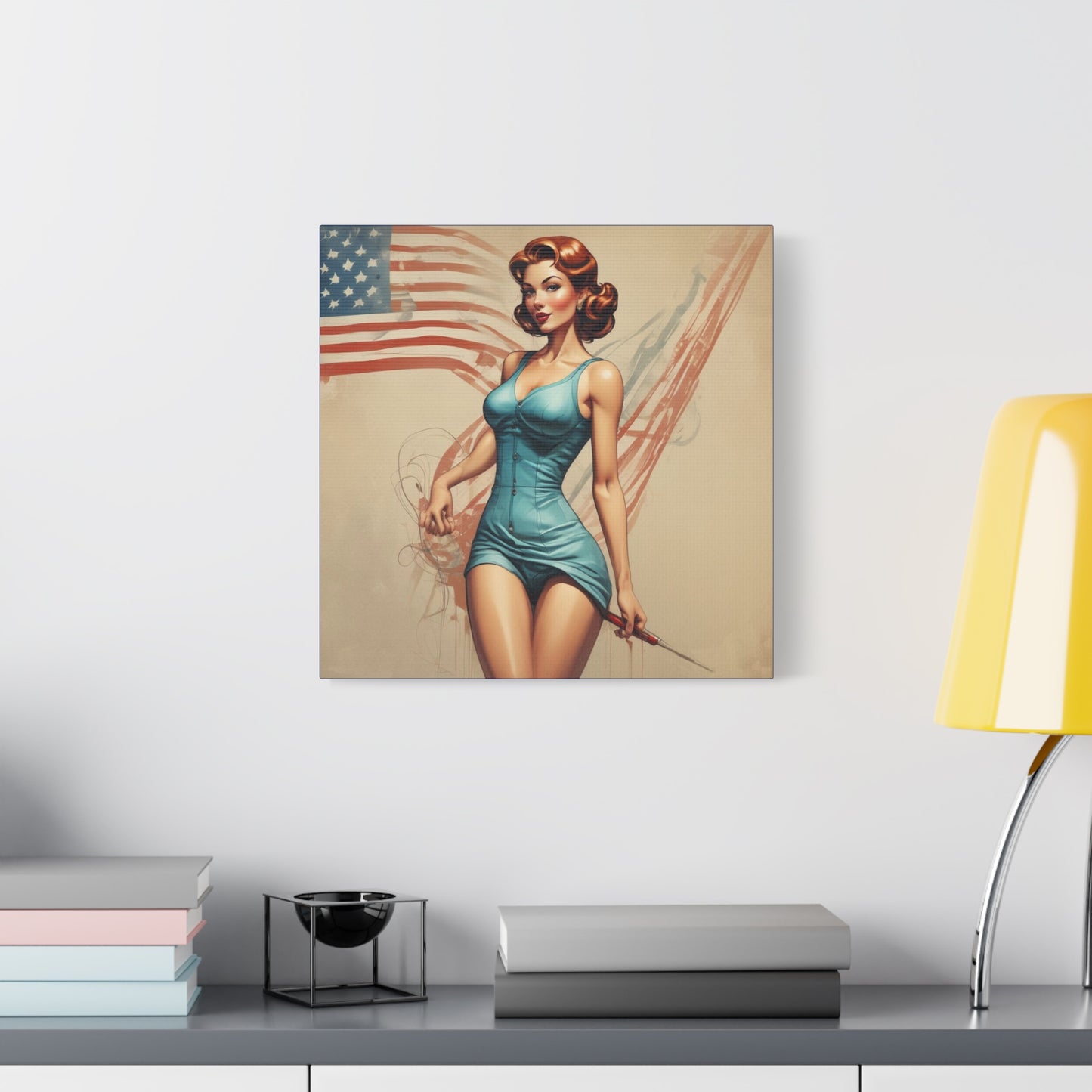 Retro Pin-Up Canvas Wall Art — Vintage American Flag Pinup Matte Stretched 1.25"
