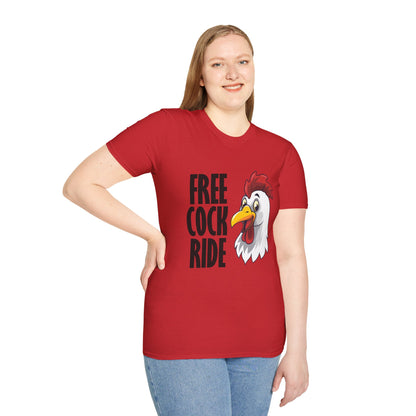 Graphic T-Shirt — "Free Cock Ride" Rooster Novelty Tee