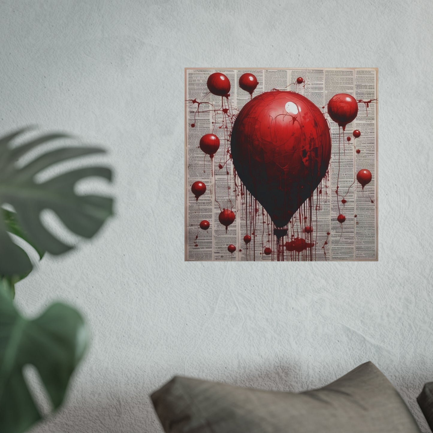 Fine Art Poster — Red Dripping Balloon on Vintage Book Pages