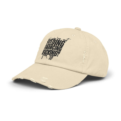 Distressed Dad Hat — "Feeding, Financing & F***ing" Bold Script Cap