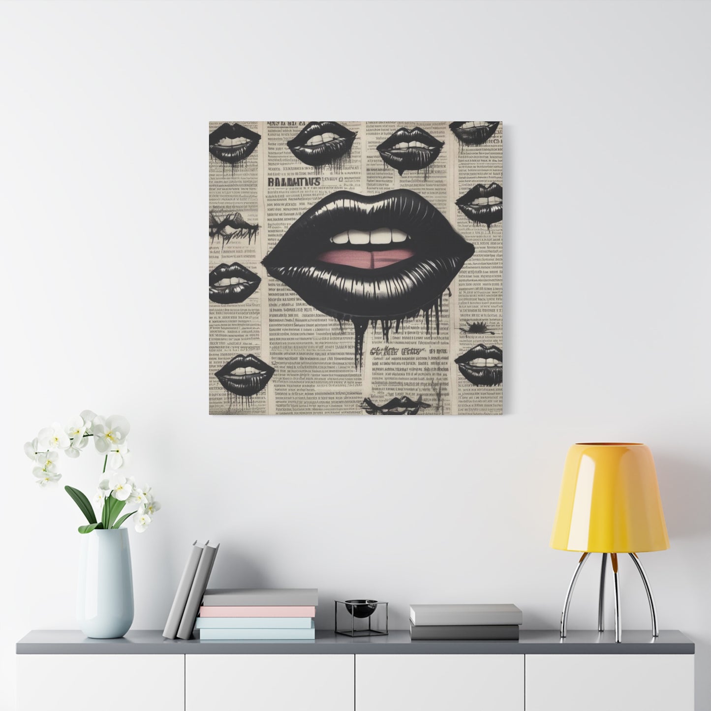 Black Drip Lips Canvas Wall Art — Vintage Newspaper Pop Art