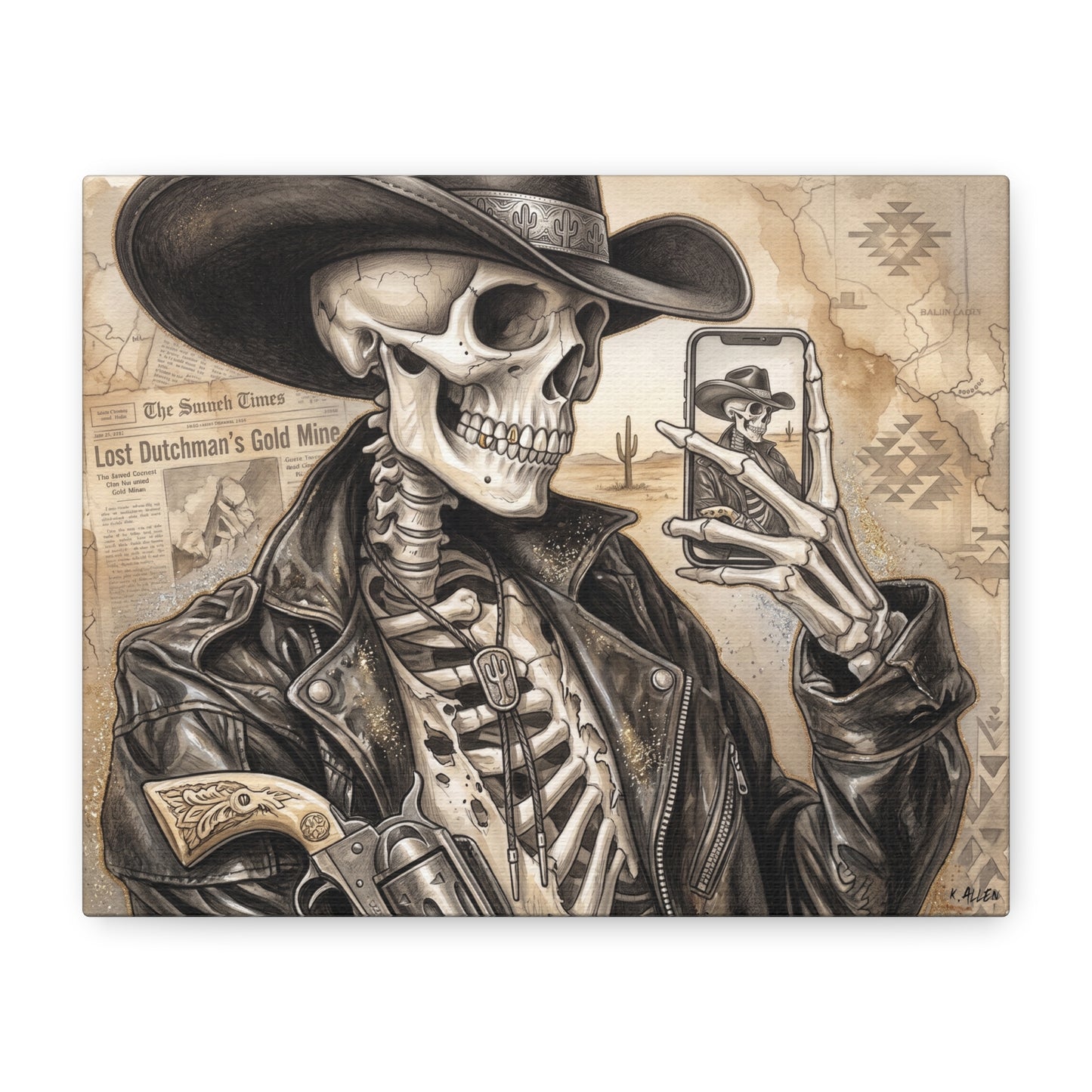 Skeleton Cowboy Canvas Print — Western Skull Selfie Wall Art (Matte Stretched)