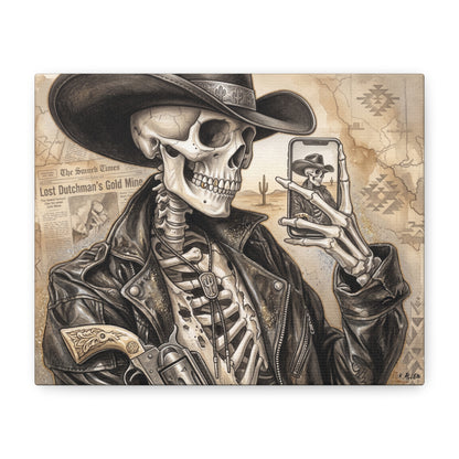 Skeleton Cowboy Canvas Print — Western Skull Selfie Wall Art (Matte Stretched)