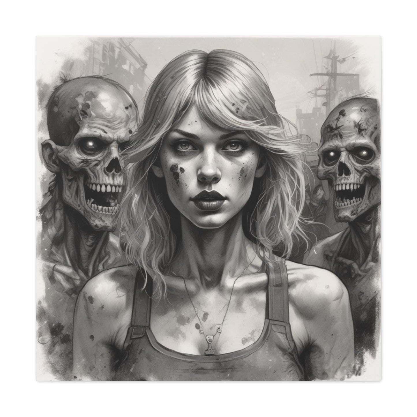 Zombie Apocalypse Canvas Print — Female Survivor Portrait Matte Stretched Art