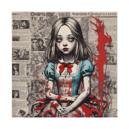 Gothic Alice Fine Art Print — Dark Vintage Newspaper Collage with Blood-Splatter