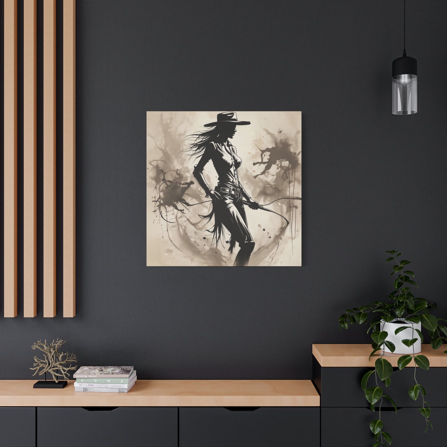 Cowgirl Silhouette Canvas Art – Western Whip Poster on Matte Stretched Canvas