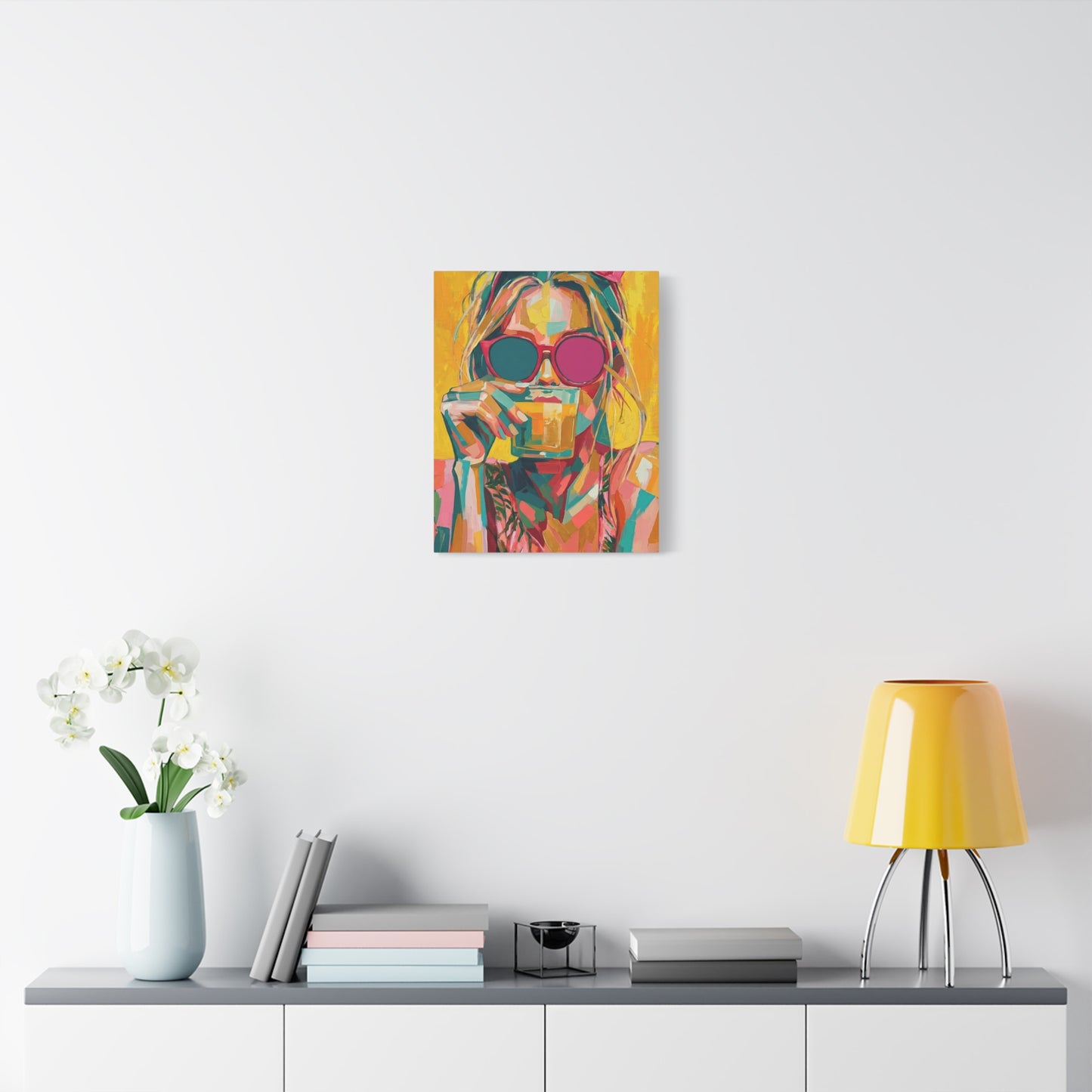 Colorful Pop Art Woman Drinking Canvas Wall Art