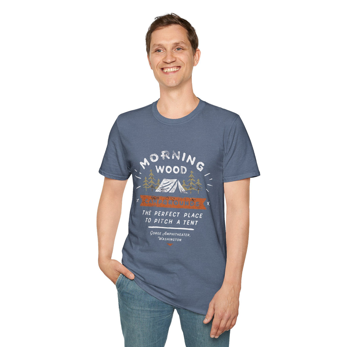 Camping T-Shirt — "Morning Wood" Tent & Pine Tree Outdoor Graphic Tee