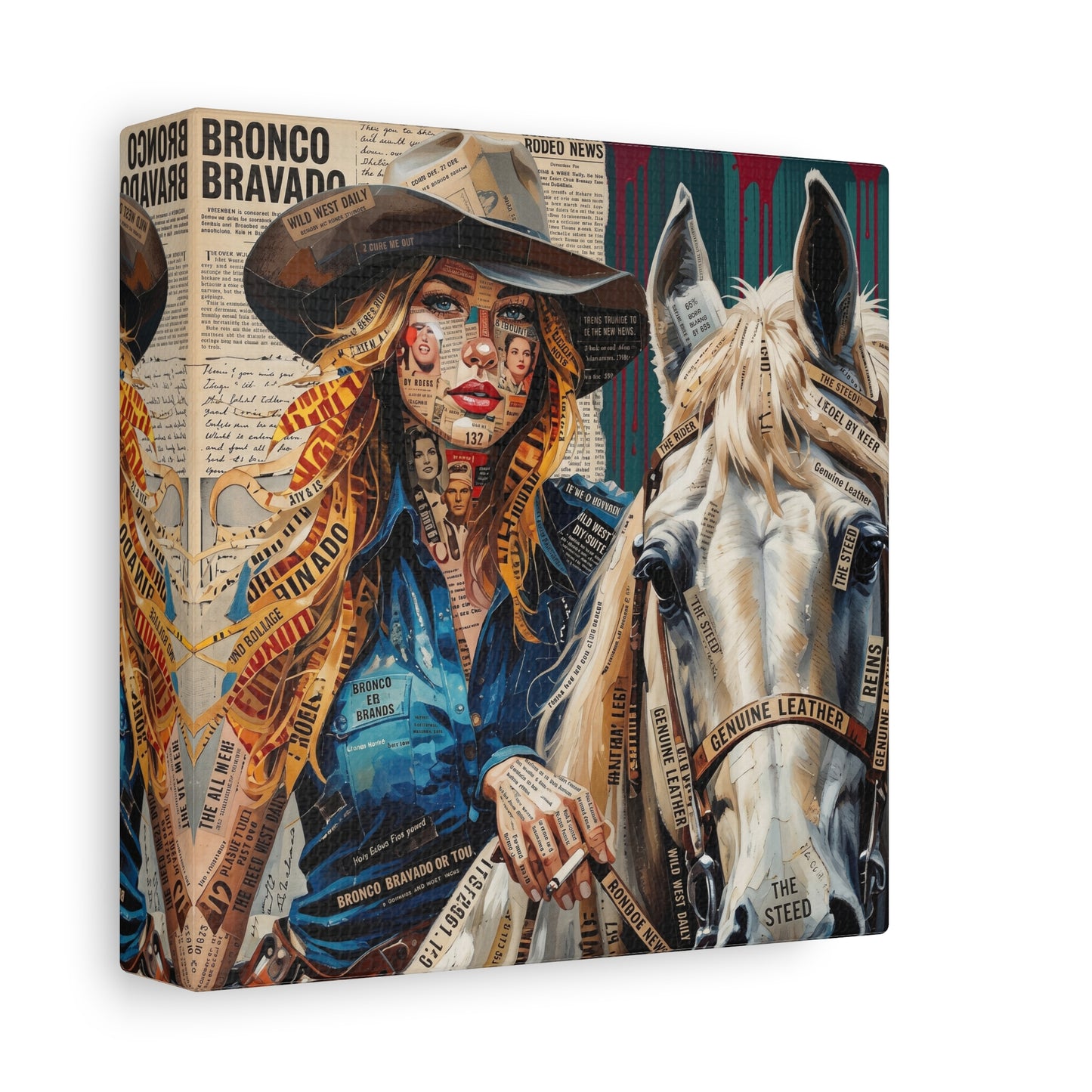 Cowgirl & Horse Collage Matte Canvas Print — Western Collage Art Wall Decor