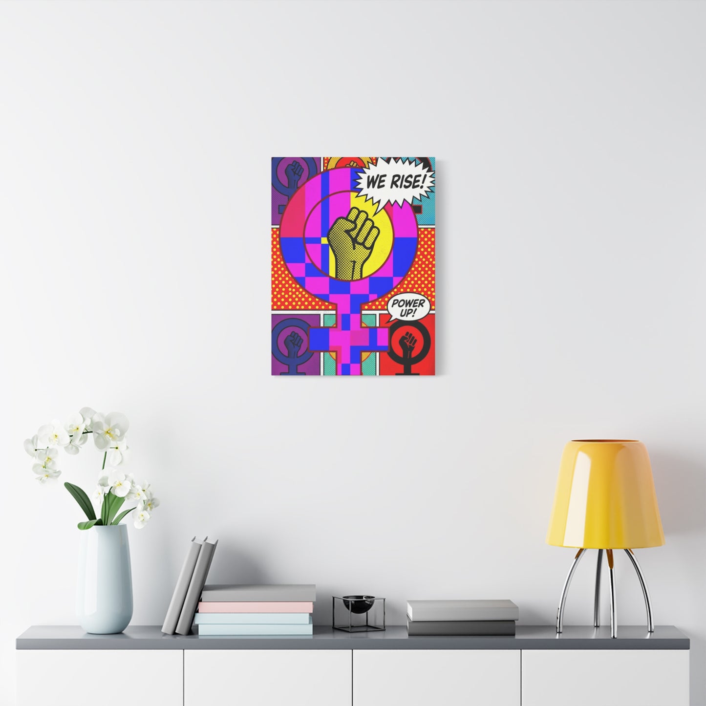Feminist Pop Art Canvas — "We Rise!" Stretched Matte Wall Art