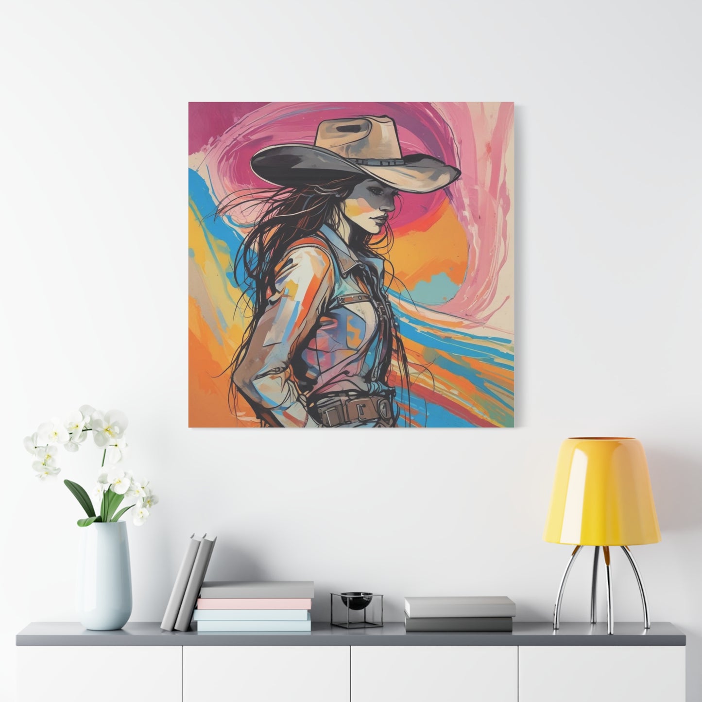 Cowgirl Canvas Wall Art — Vibrant Western Portrait Matte Stretched Canvas