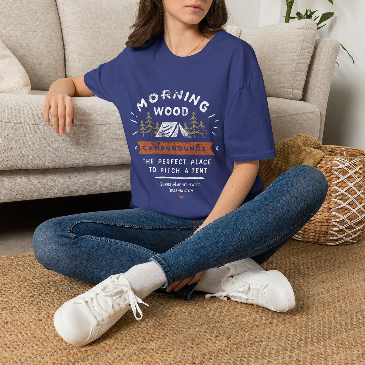 Camping T-Shirt — "Morning Wood" Tent & Pine Tree Outdoor Graphic Tee