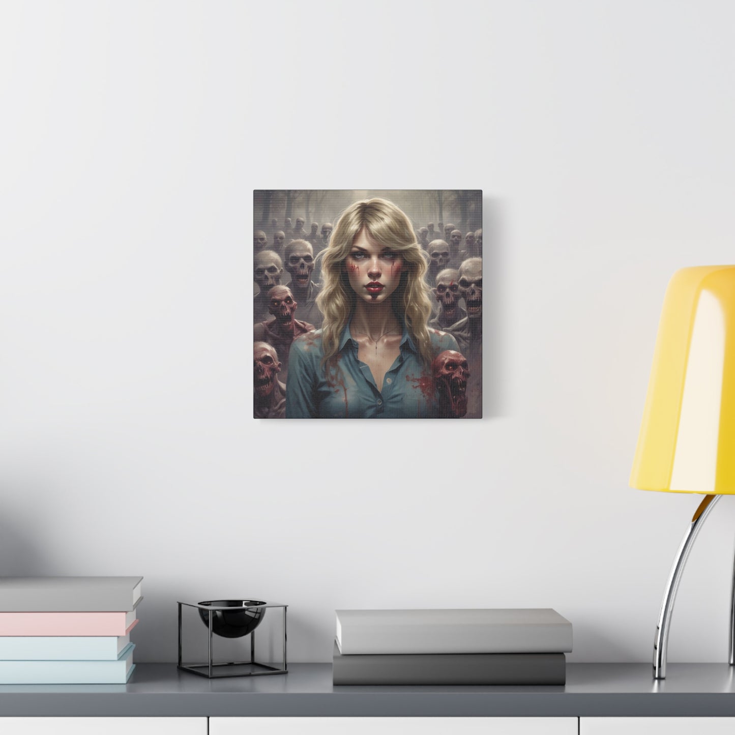 Zombie Swift Matte Canvas Print — Horror Wall Art, Blonde Survivor Surrounded by Undead