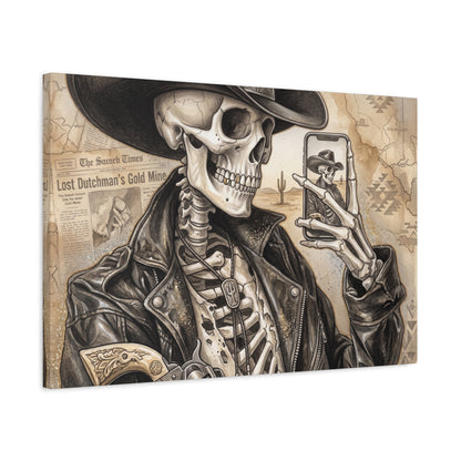Skeleton Cowboy Canvas Print — Western Skull Selfie Wall Art (Matte Stretched)