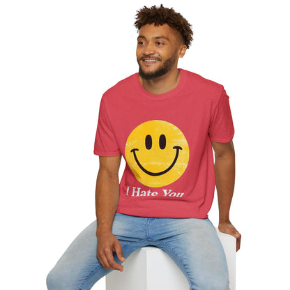 Funny 'I Hate You' Smiley T-Shirt — Retro Distressed Yellow Smiley Tee