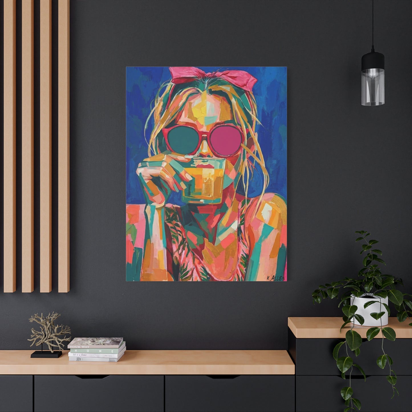 Colorful Pop Art Woman Drinking Canvas Wall Art - Blue
