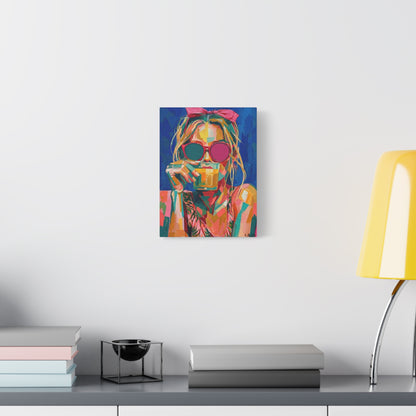 Colorful Pop Art Woman Drinking Canvas Wall Art - Blue
