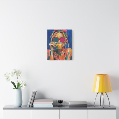 Colorful Pop Art Woman Drinking Canvas Wall Art - Blue