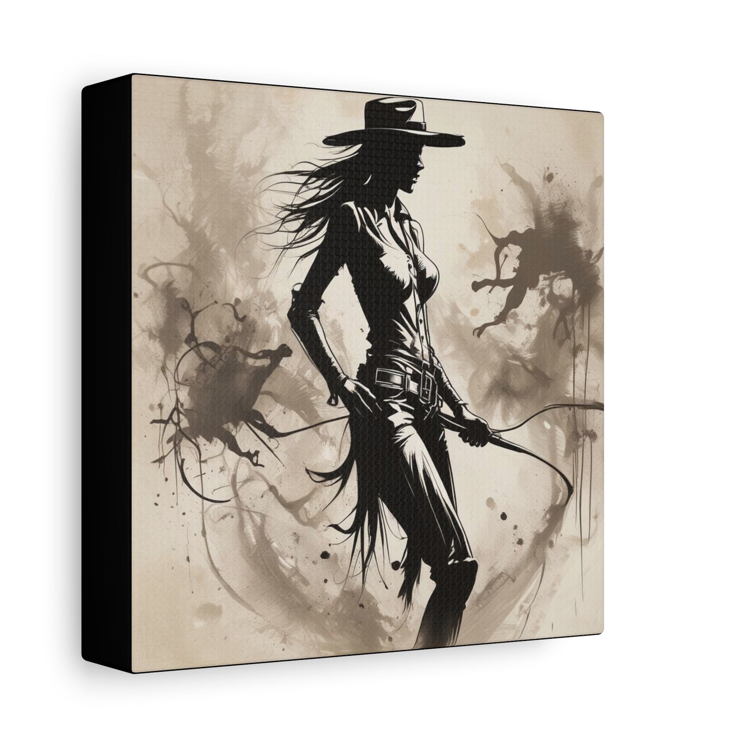 Cowgirl Silhouette Canvas Art – Western Whip Poster on Matte Stretched Canvas
