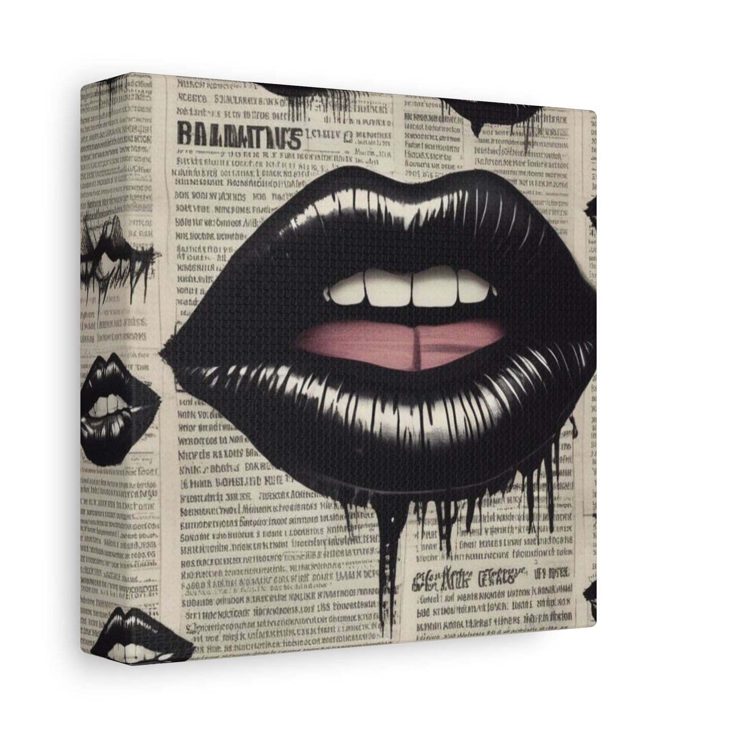Black Drip Lips Canvas Wall Art — Vintage Newspaper Pop Art