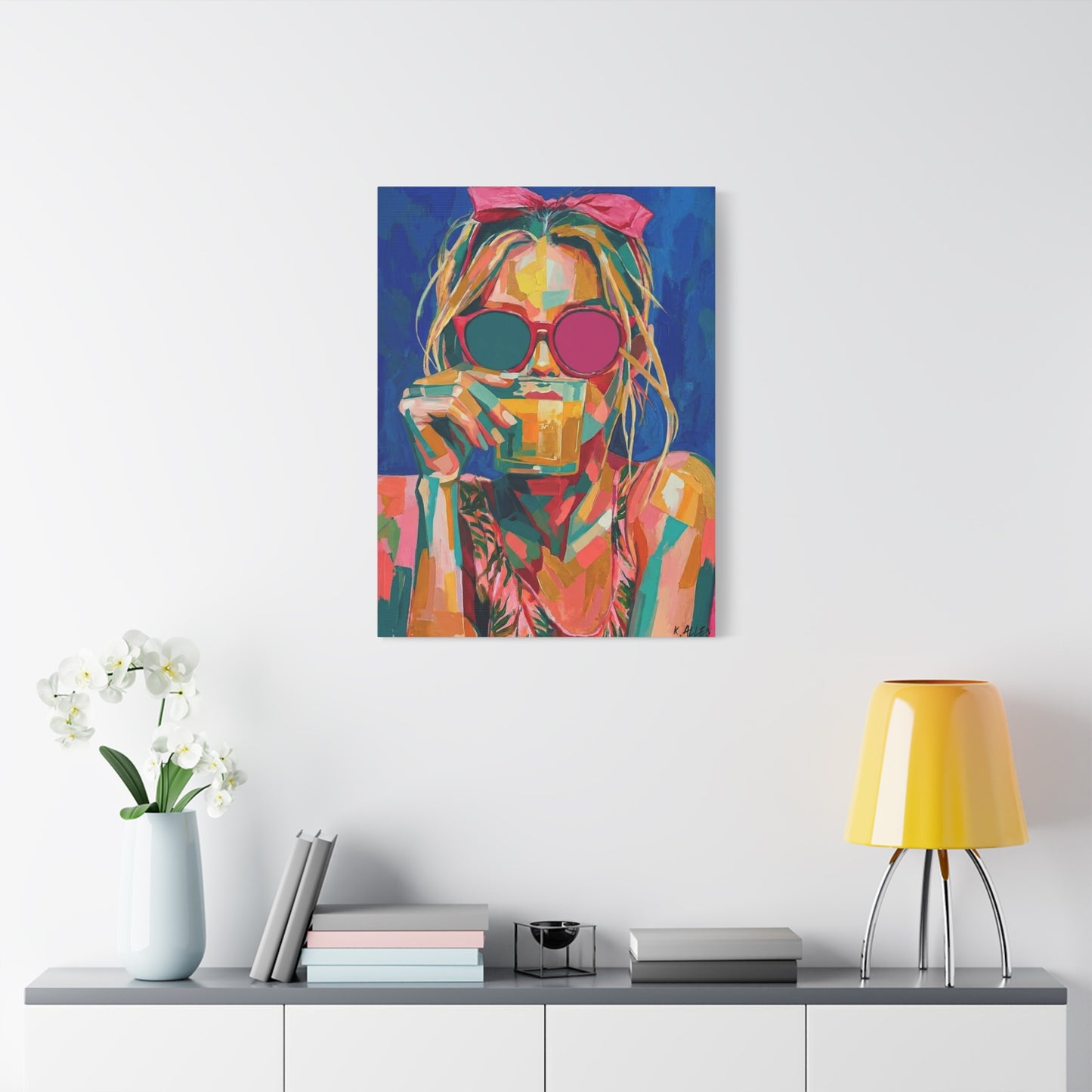 Colorful Pop Art Woman Drinking Canvas Wall Art - Blue