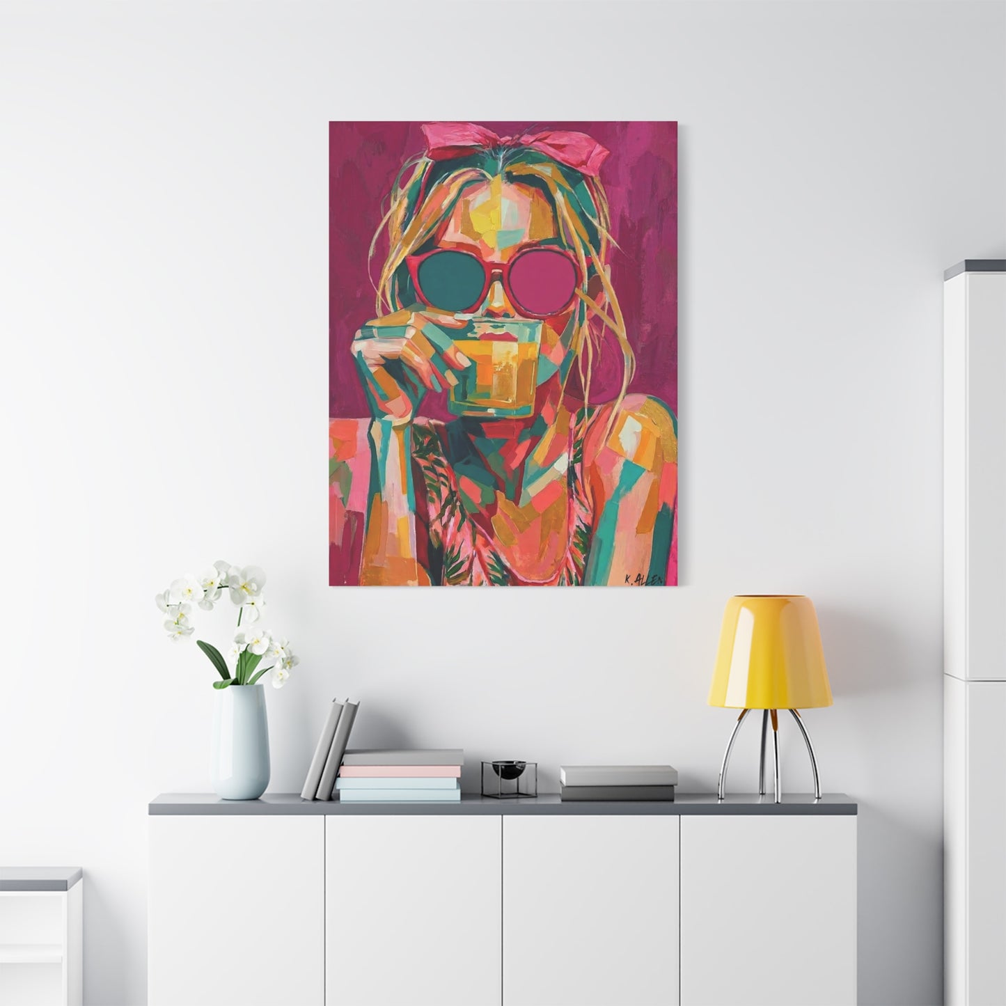 Pop Art Woman Drinking Coffee Canvas - Pink