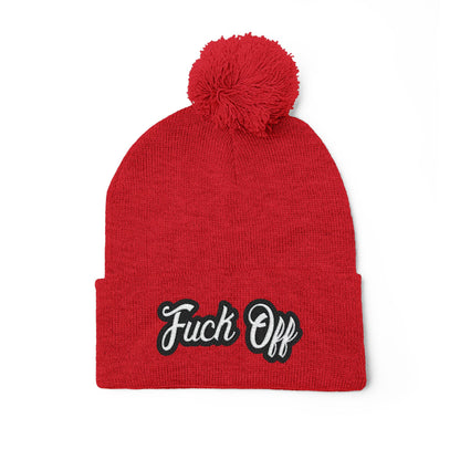 Embroidered 'Fuck Off' Pom-Pom Beanie - Knit Winter Hat