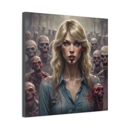 Zombie Swift Matte Canvas Print — Horror Wall Art, Blonde Survivor Surrounded by Undead
