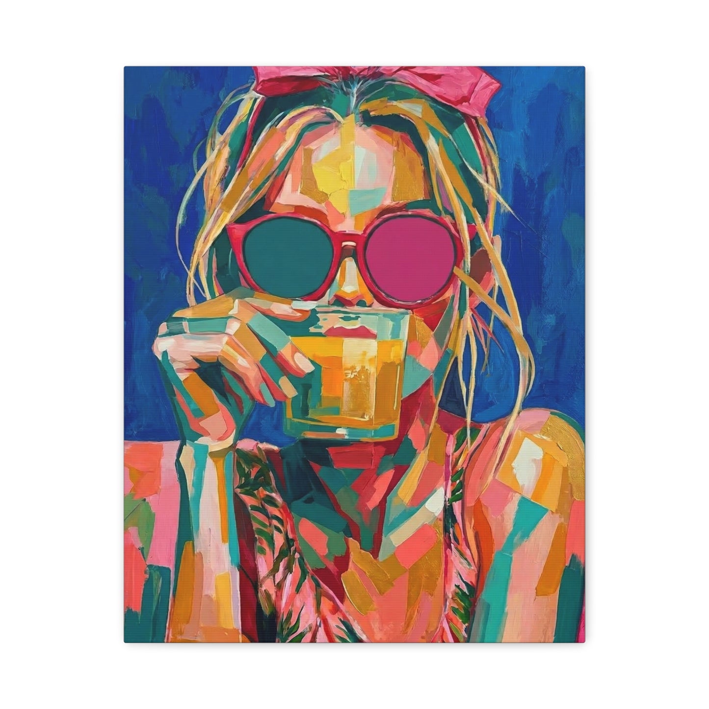 Colorful Pop Art Woman Drinking Canvas Wall Art - Blue