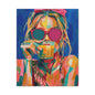 Colorful Pop Art Woman Drinking Canvas Wall Art - Blue