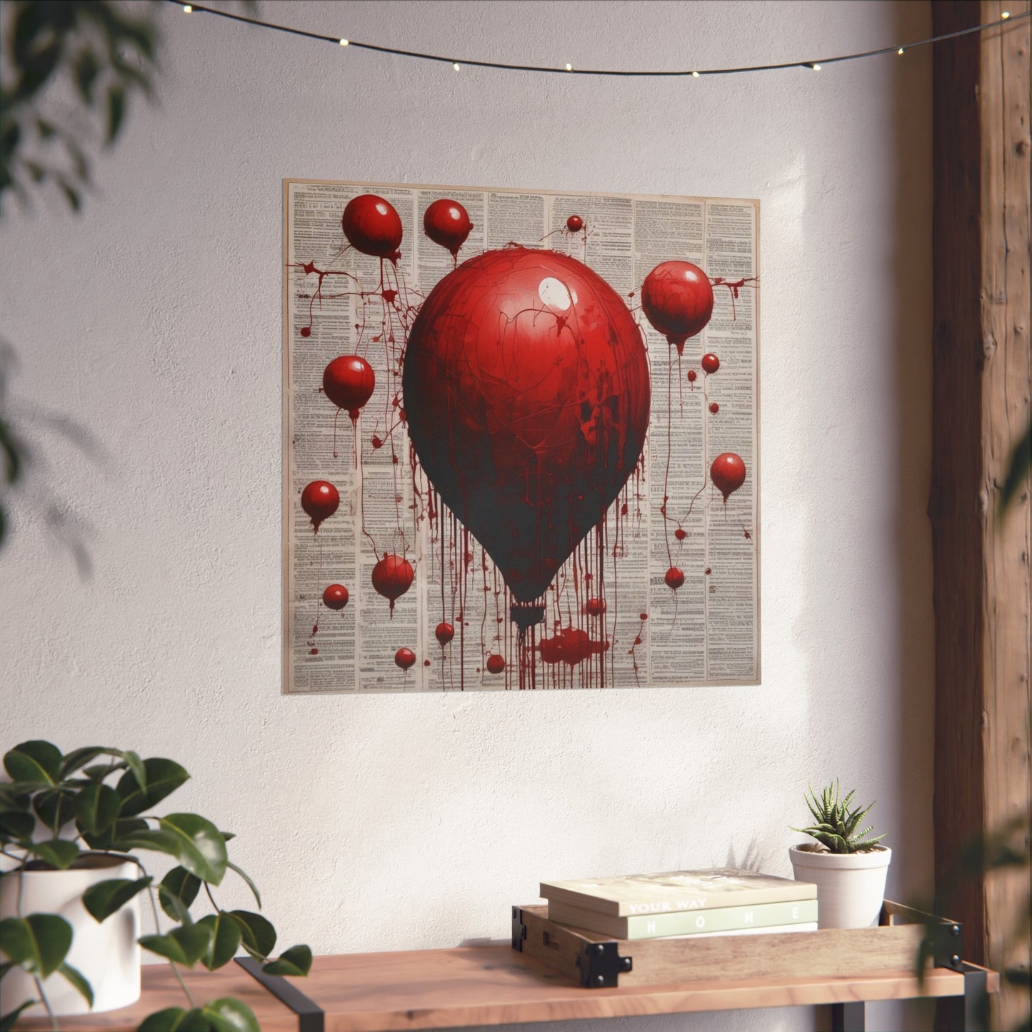 Fine Art Poster — Red Dripping Balloon on Vintage Book Pages
